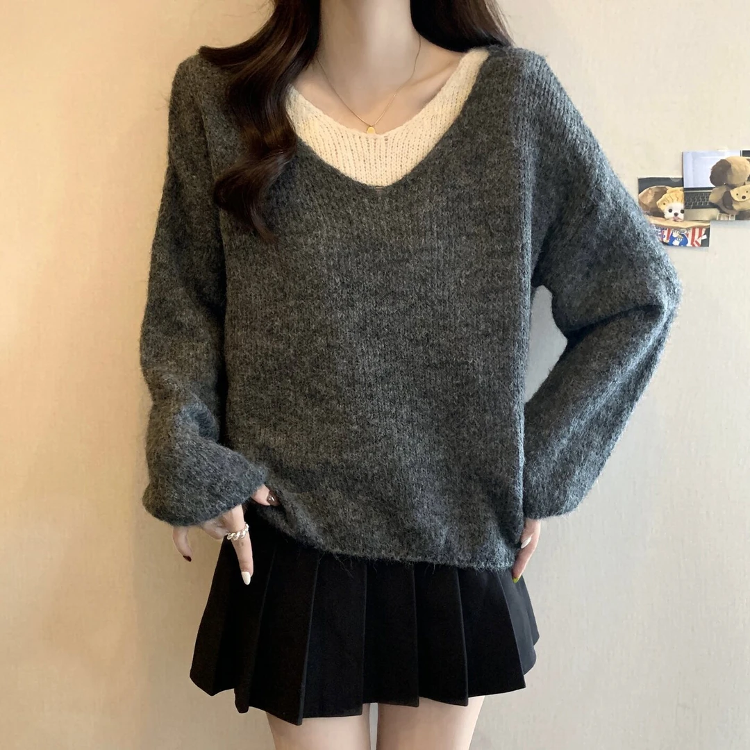 2025大码女装韩系温柔风撞色假两件毛衣胖mm时尚宽松慵懒软糯上衣