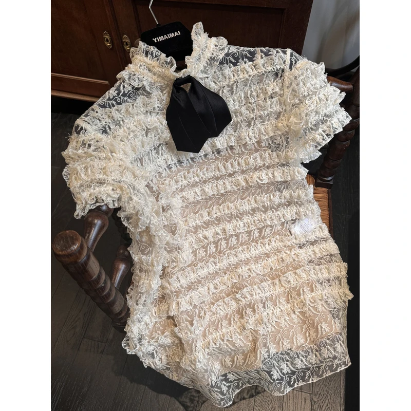 YIMAIMAI春夏新款蕾丝刺绣领结美少女短袖上衣气质