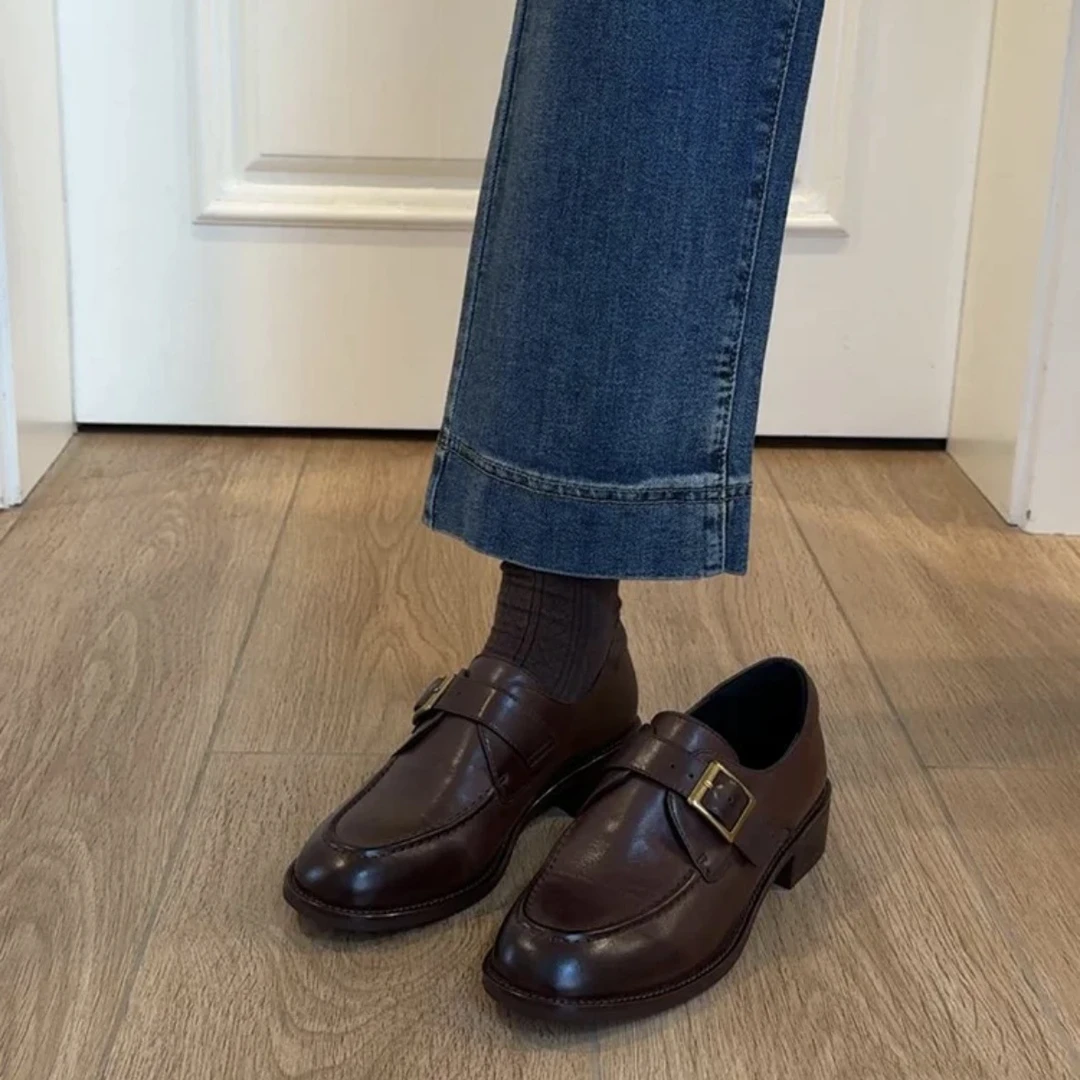 英伦风小皮鞋2025冬季新款圆头单鞋女粗跟3cm通勤女乐福鞋