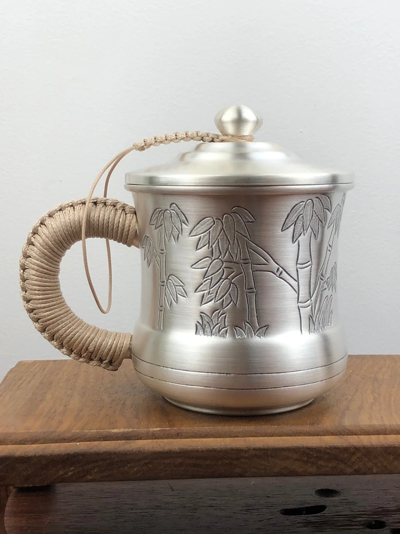 足银999手工錾刻竹子图案马克杯茶缸茶具
