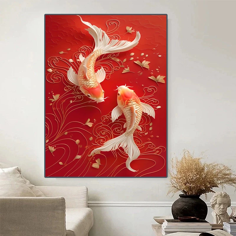 镶钻【锦鲤】521新中式锦鲤客厅背景墙 装饰画入户玄关装饰画