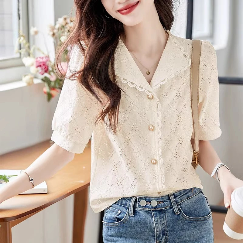 法式复古衬衫女2025夏季新款V领短袖上衣设计感小众薄款镂空衬衣