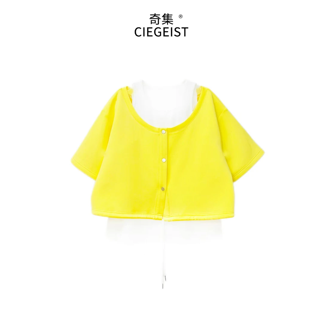 有米2025小众设计师新款重工假两件拼接短袖时尚宽松短袖卫衣2089