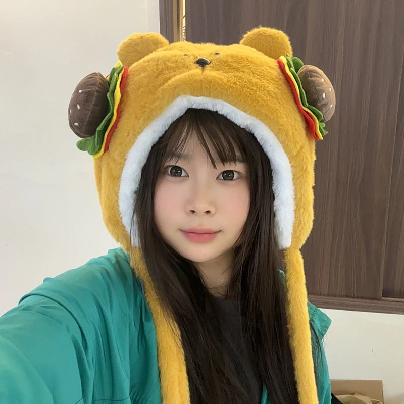 可爱小熊毛绒帽子女2025新款毛茸茸护耳帽秋冬季加厚保暖套头帽潮