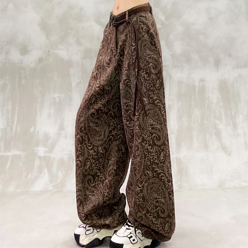 洋气春秋季高腰宽松休闲阔腿弯刀裤香蕉裤美式复古提花牛仔裤女