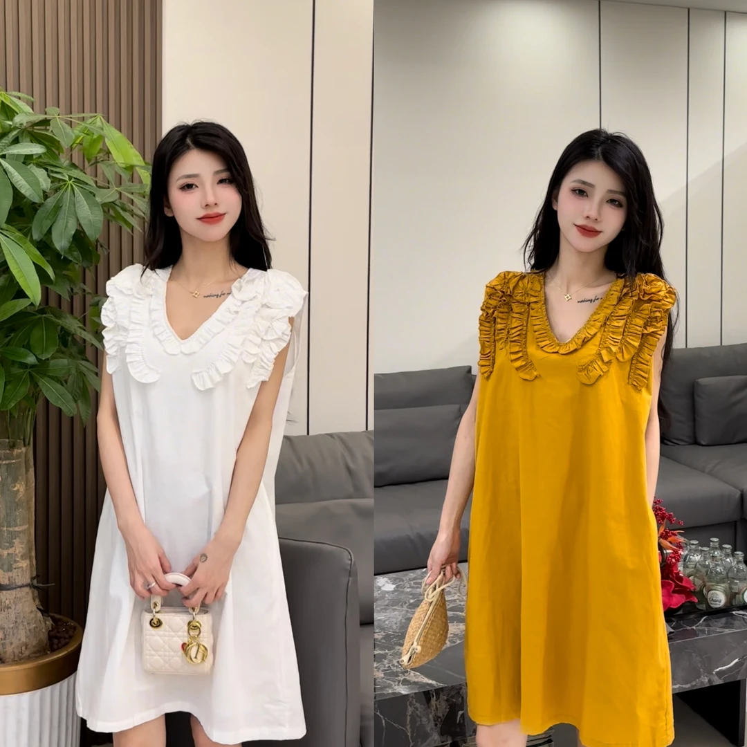 【温小柔定制.罗勒夫人】2025夏季新款V领木耳边高级感连衣裙