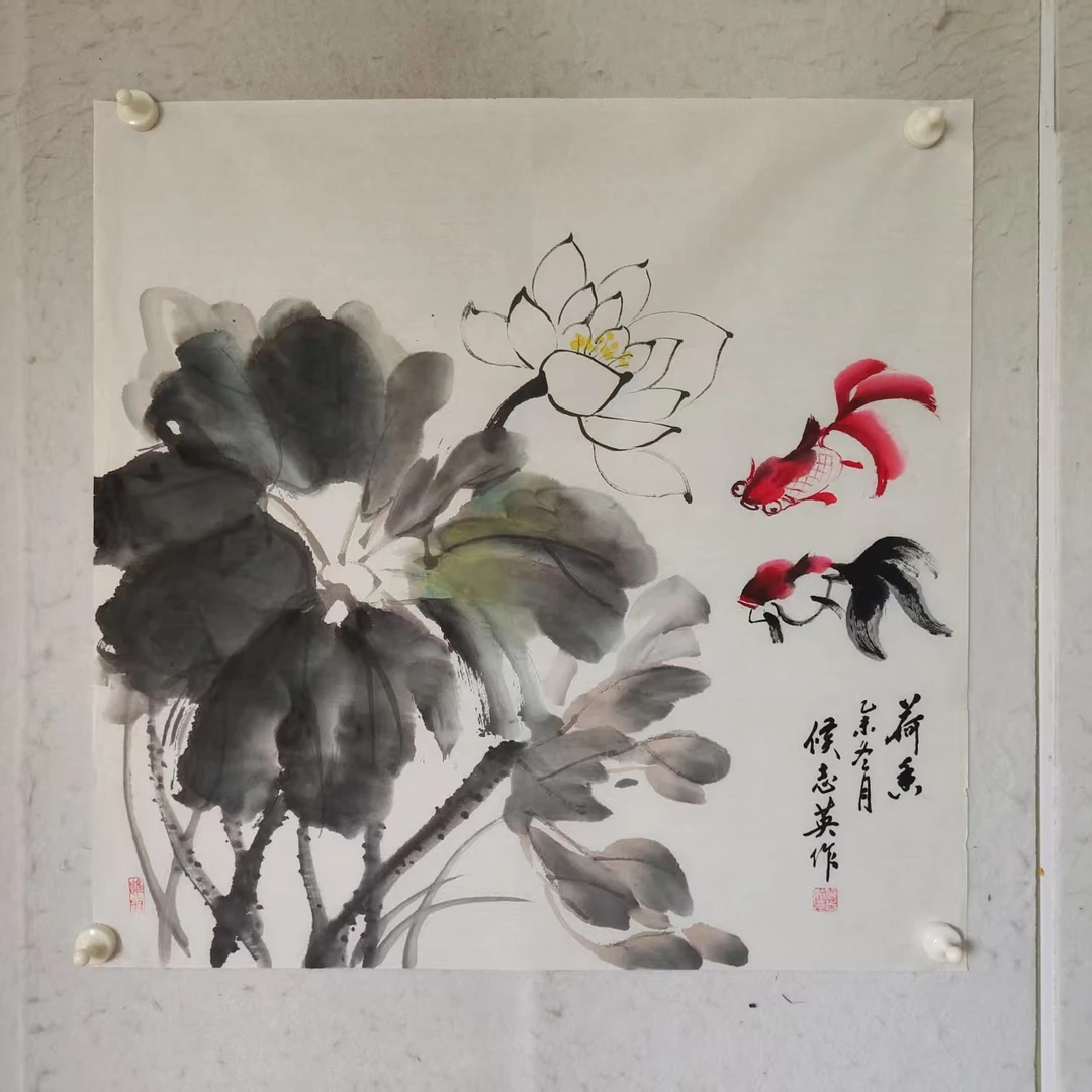 4663 多年前纯手绘老字画《荷花》斗方   尺寸 68×68