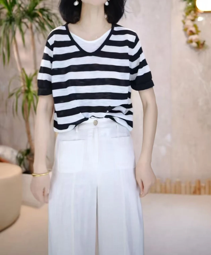 【假两件条纹】条纹休闲宽松大码假两件减龄洋气时尚气质针织衫