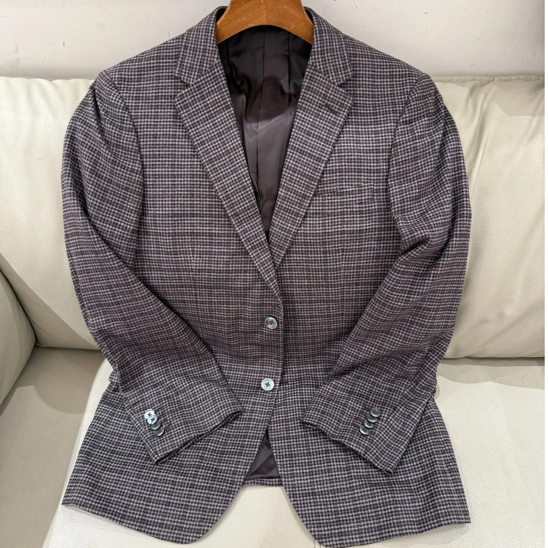 BC701AM男士格纹商务休闲西服羊毛75%+桑蚕丝18%+山羊绒%单开叉