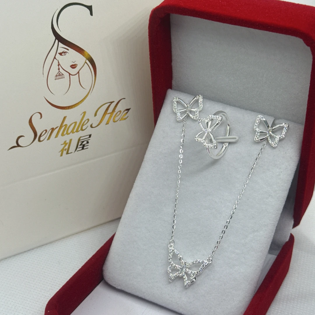 足银银制品 S990纯银三件套耳环戒指项链有礼盒礼袋简约时尚