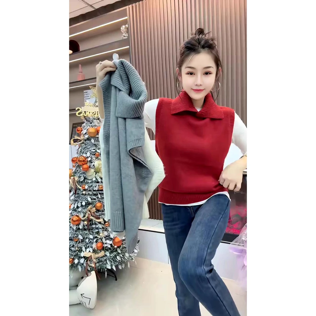 欧洲站时尚翻领纽扣无袖针织马甲叠穿百搭净版马甲