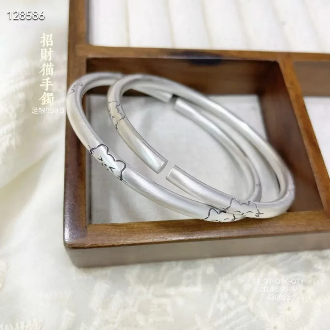 足银手镯 999.9 圆棍招财猫开口手镯复古国潮民族风女生礼物25g