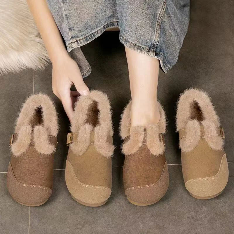 2025冬季新款复古加绒圆头平底一脚蹬保暖豆豆鞋女磨砂休闲棉鞋