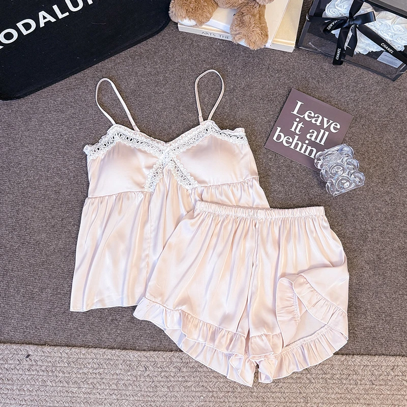 吊带睡衣女款夏季冰丝2025新款韩版性感带胸垫粉色女士家居服套装