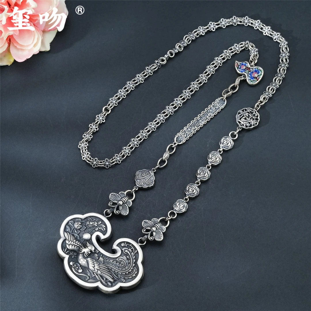 坠链均925银 【玺吻】s925银 老银高定双面龙凤呈祥平安锁套链 70cm