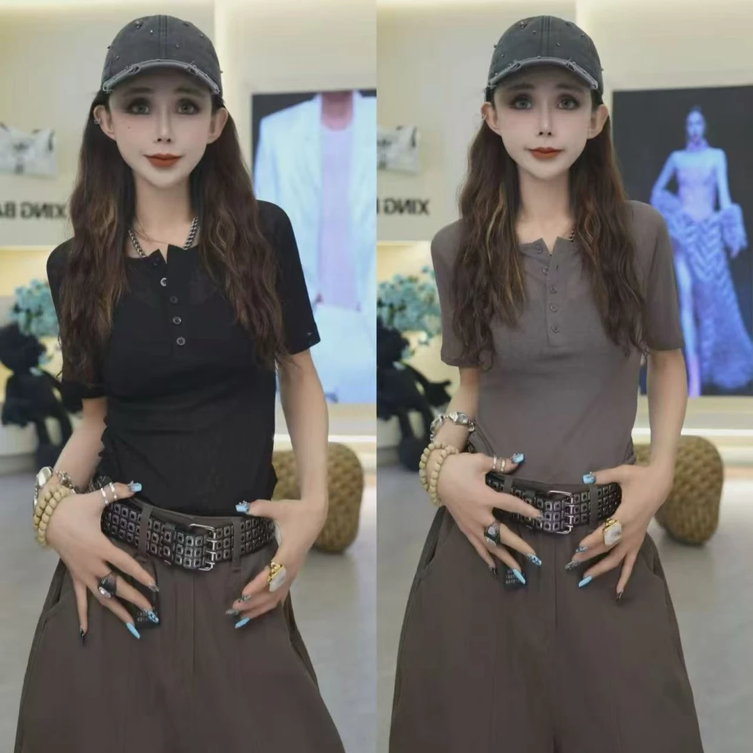 星宝同款高定私服早秋微透感韩系超好看半开领中袖修身T恤女辣妹