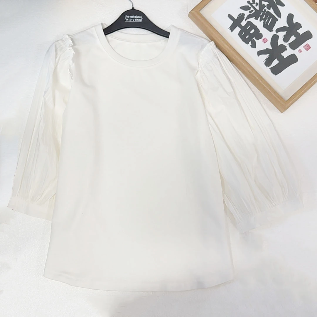 线下门店！拼接新中式泡泡袖圆领T恤白色气质休闲上衣ZJ603