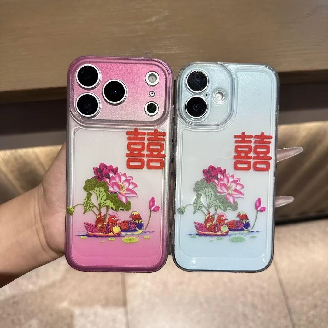 飞虎胜高级渐变荷花适用iPhone17pro手机壳华为P70vivo小米oppo套