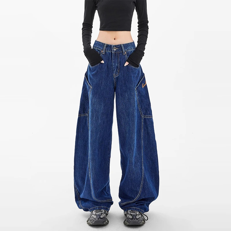 美式香蕉弯刀工装牛仔裤女春秋季高腰宽松镰刀裤垂感拖地阔腿裤子