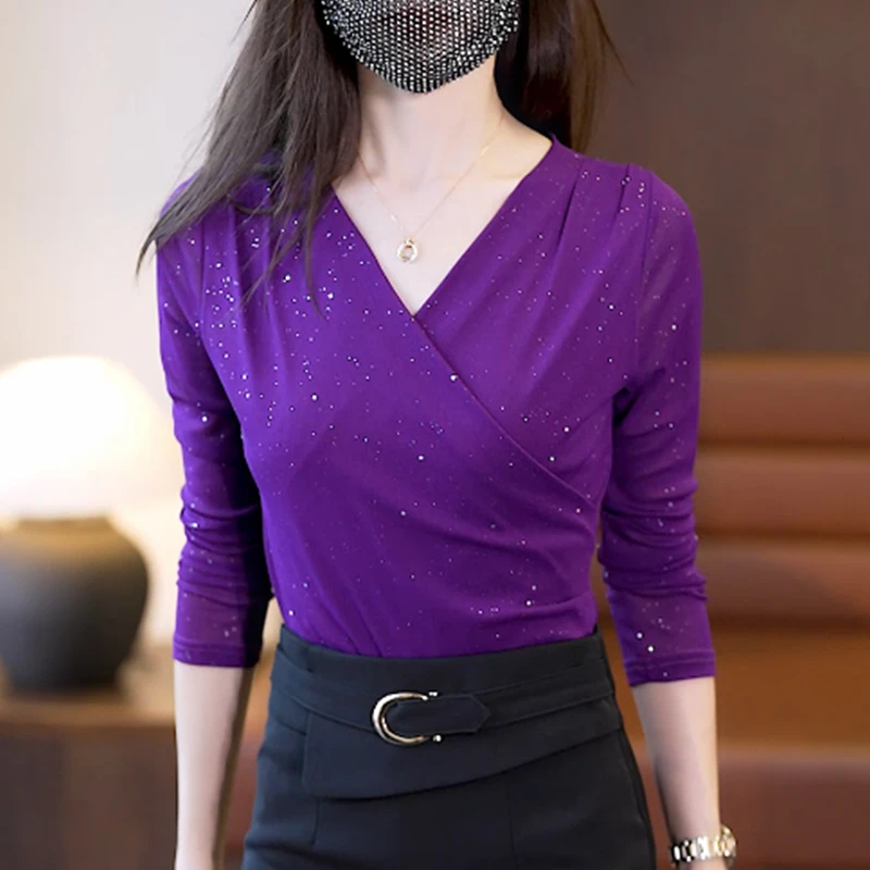 交叉V领打底衫女内搭2025年春季新款气质网纱长袖T恤洋气小衫上衣