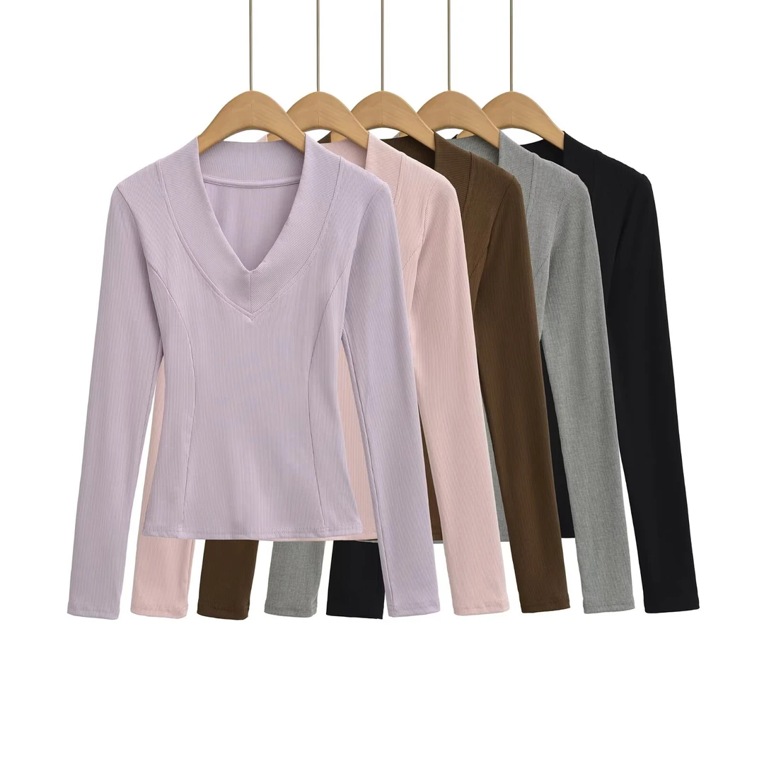 628美式复古秋冬短款V领长袖打底衫辣妹纯色百搭修身显瘦针织打底