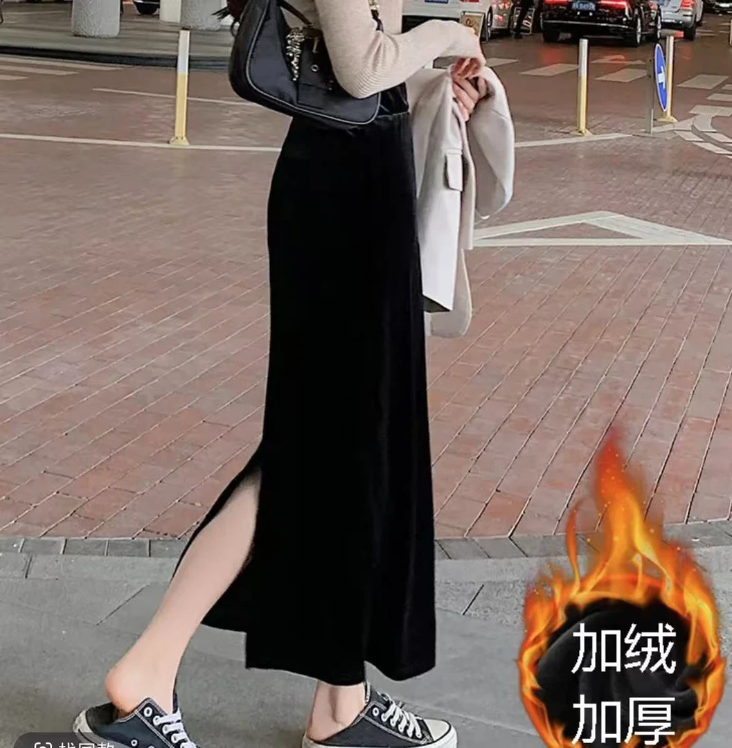 胖m半身裙高腰梨形穿搭后开四方立丝绒半身裙黑显瘦加绒加厚加大