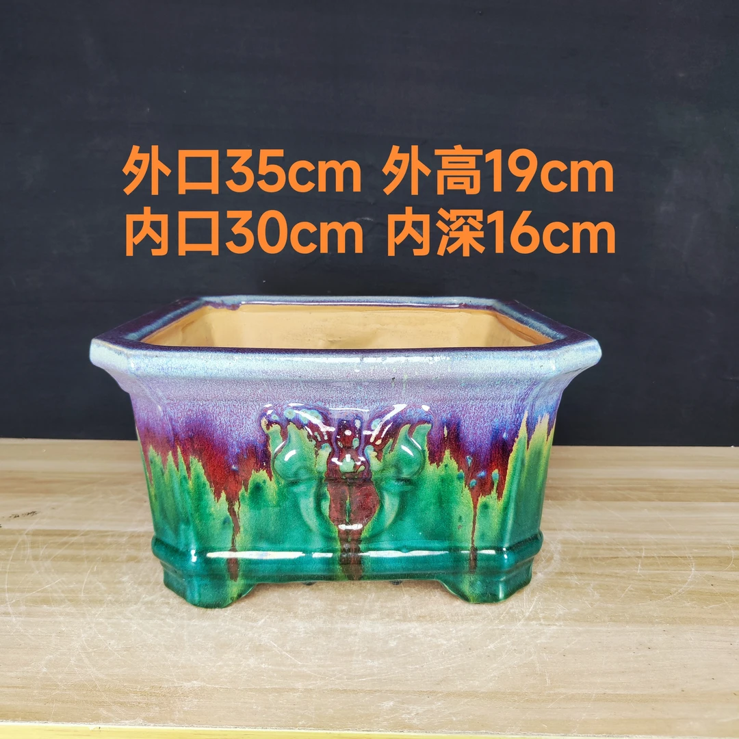 兽头正方切角石湾花盆