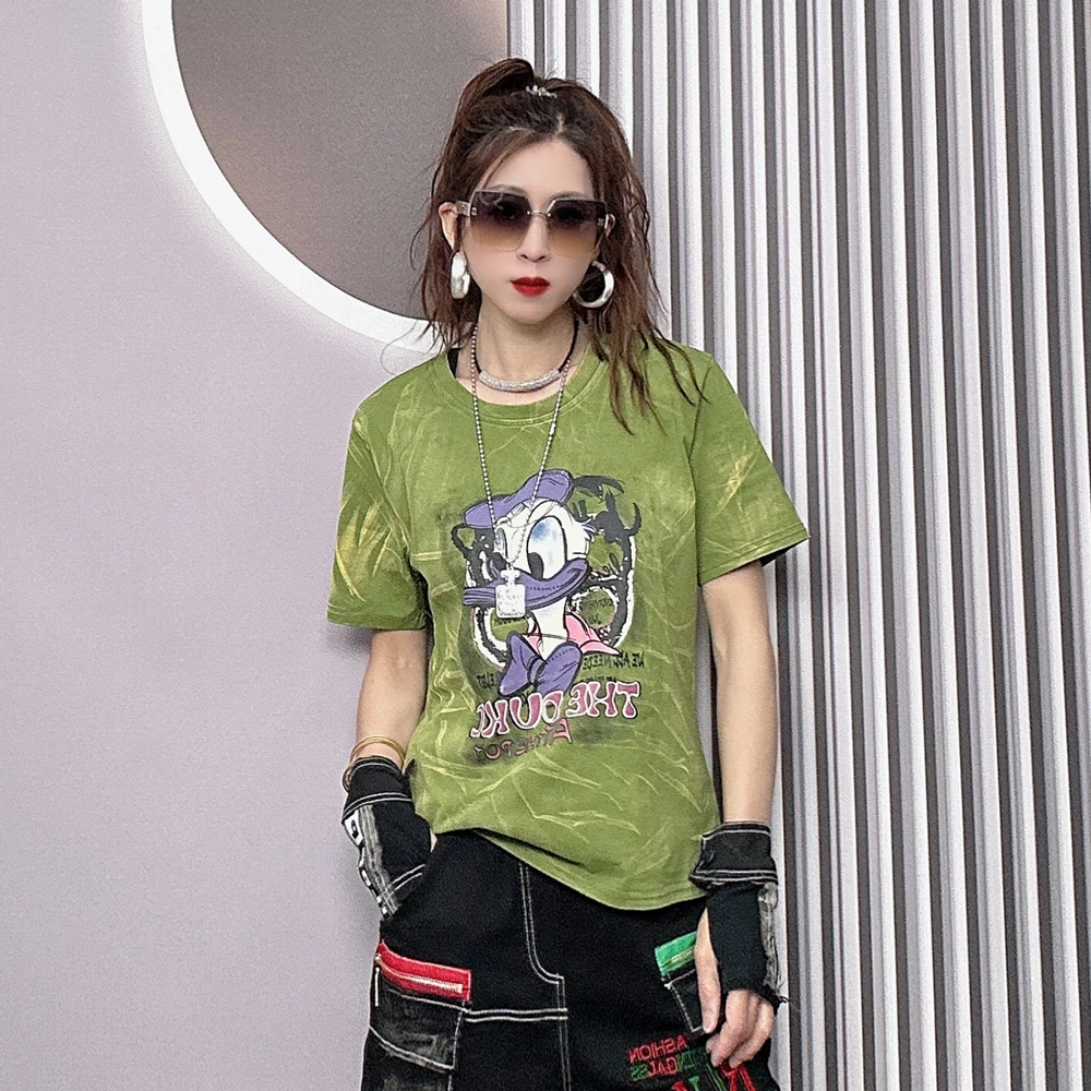 2025年夏季短袖圆领T恤夏宽松显瘦减龄卡通拼色印花字母欧货上衣