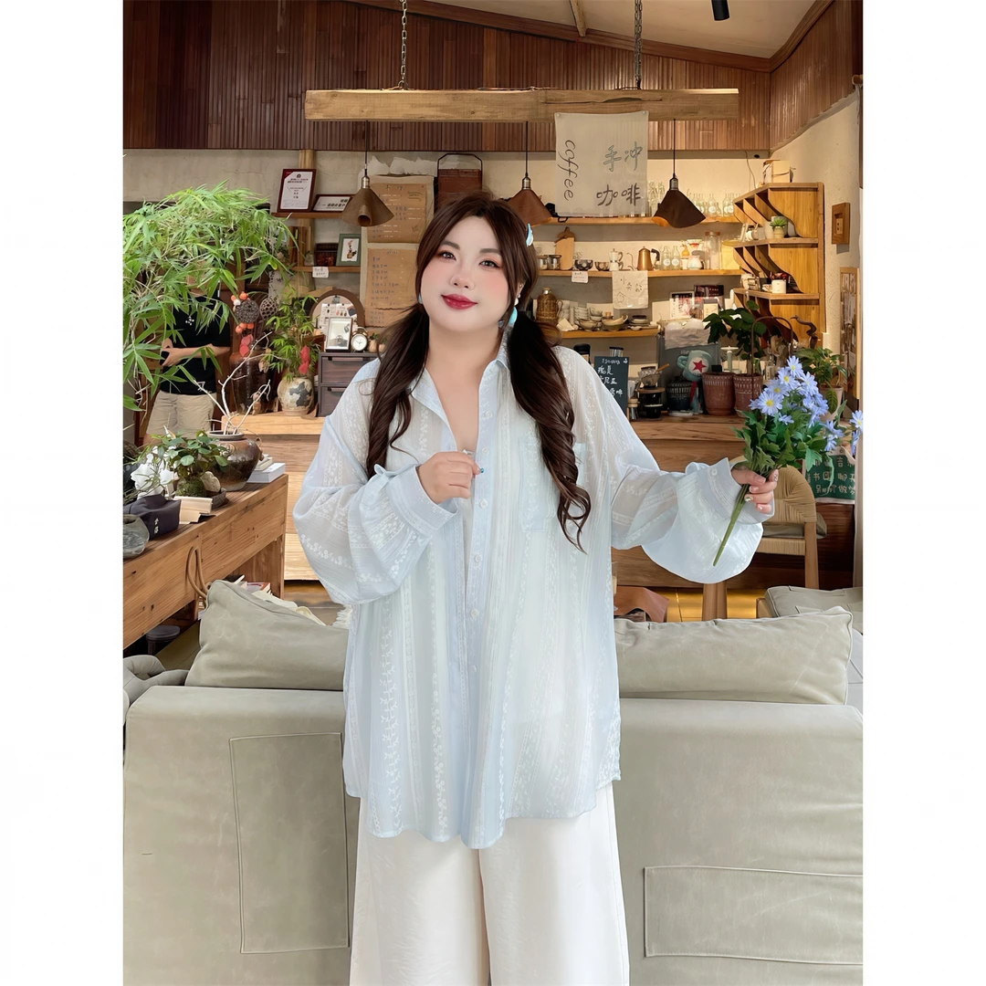 大码女装夏季简约洋气百搭时尚花契200斤胖mm韩系肌理感衬衫14768