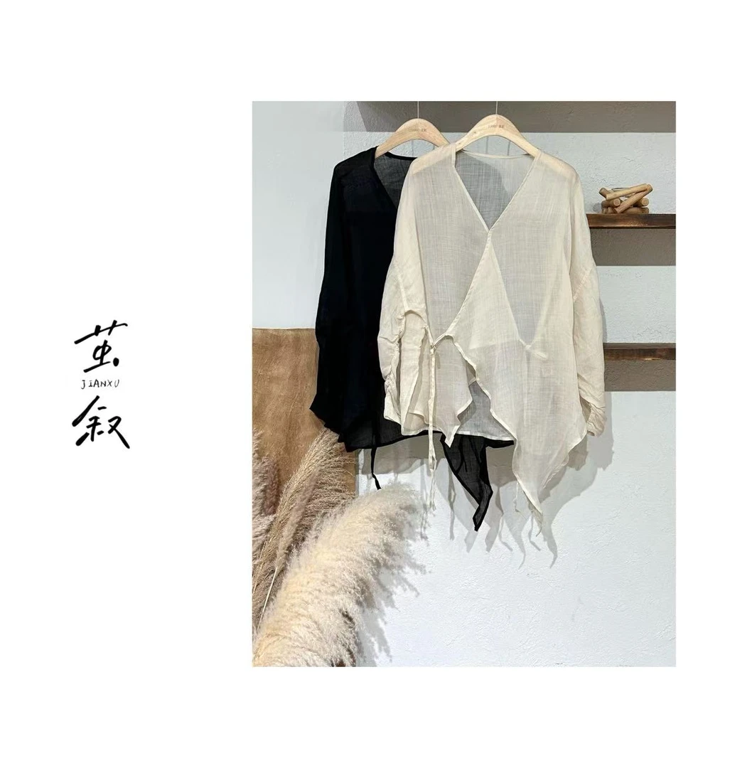 JIAN.XU【松针簌簌】夏季苎麻V领侧边系带防晒小衫
