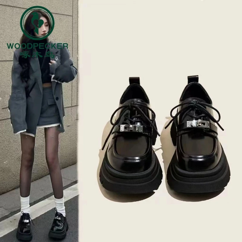 啄木鸟英伦风小皮鞋女鞋厚底系带圆头jk黑色乐福鞋女单鞋2024新款