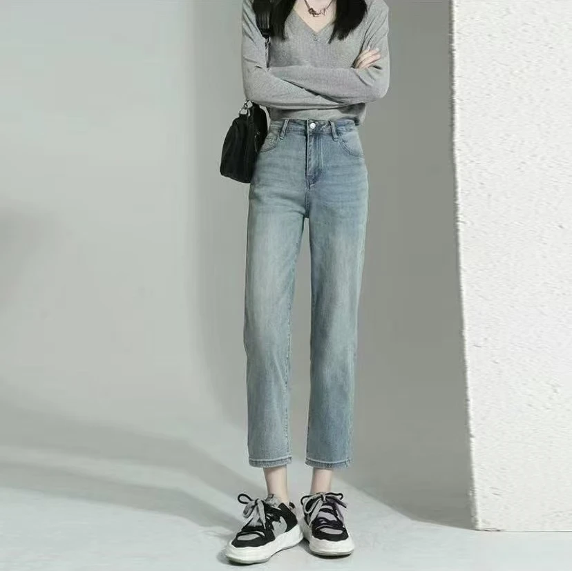 9586【裤长87】刺绣烟管九分牛仔裤女2025早秋高腰修身显瘦直筒