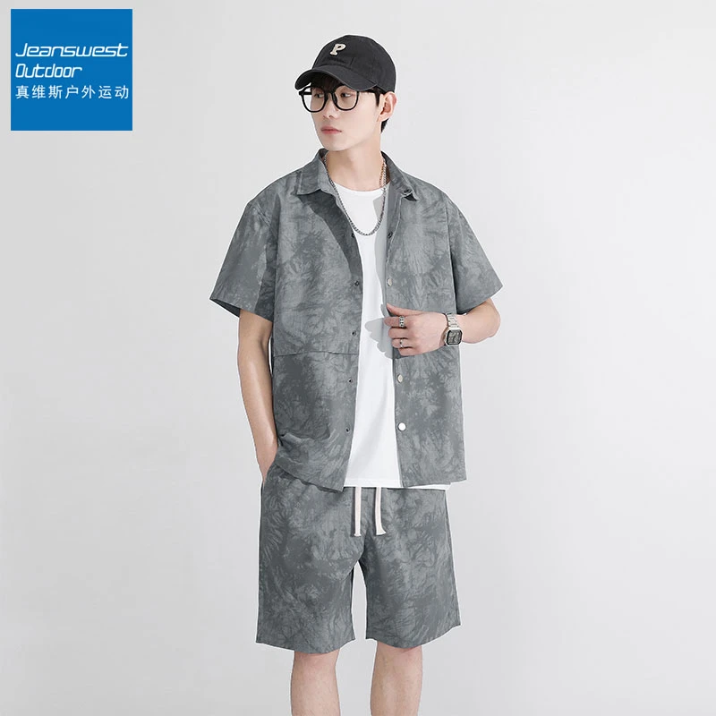 真维斯户外运动夏季短袖短裤男衬衫休闲套装男时尚大码冰爽两件套