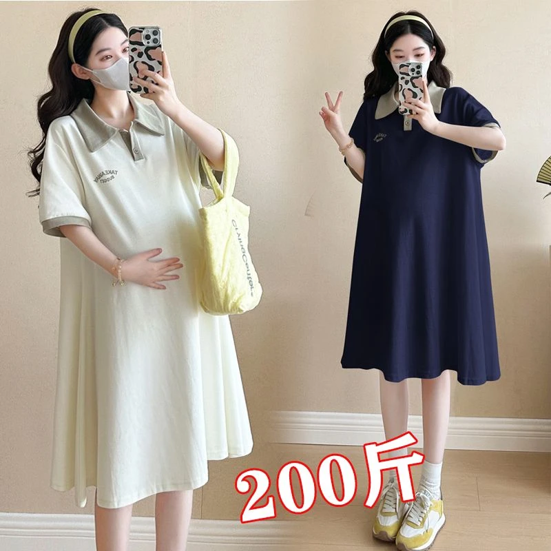 孕妇短袖连衣裙2025夏季新款polo领A版遮肚显瘦特大码200斤胖mm女