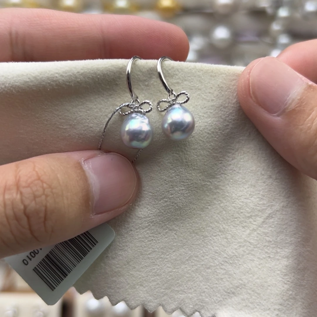 银S925镶嵌耳饰海水珍珠8mm真多麻蝴蝶结耳钩