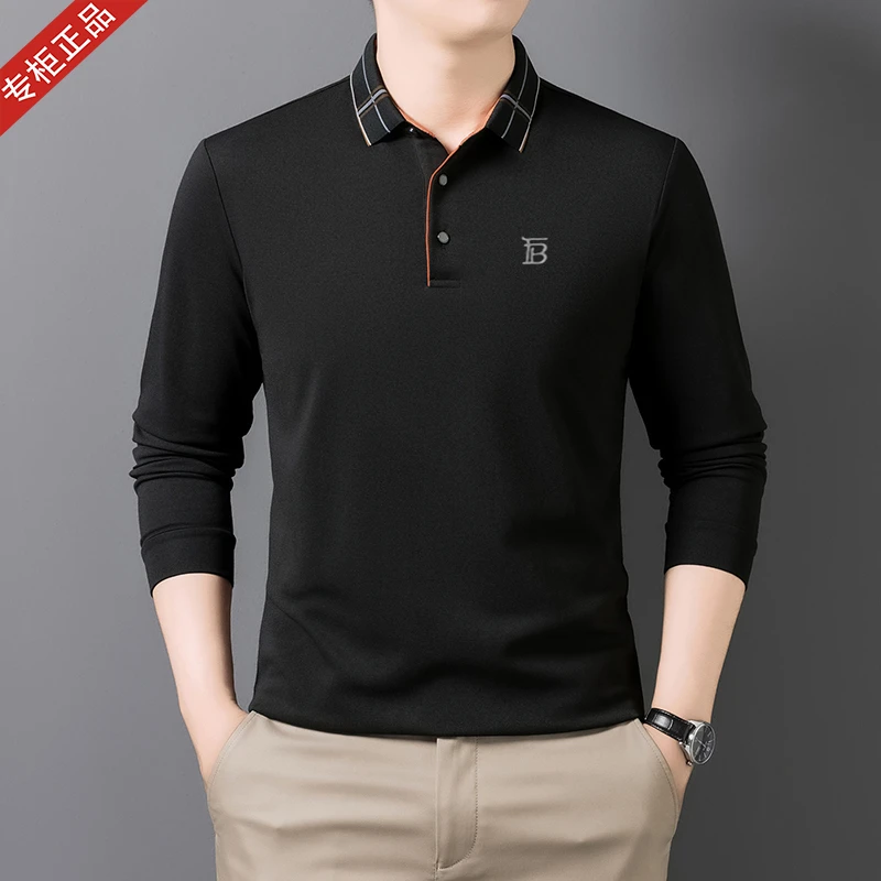 2025秋季新款英伦轻奢长袖T恤POLO衫男商务休闲纯色翻领条纹上衣
