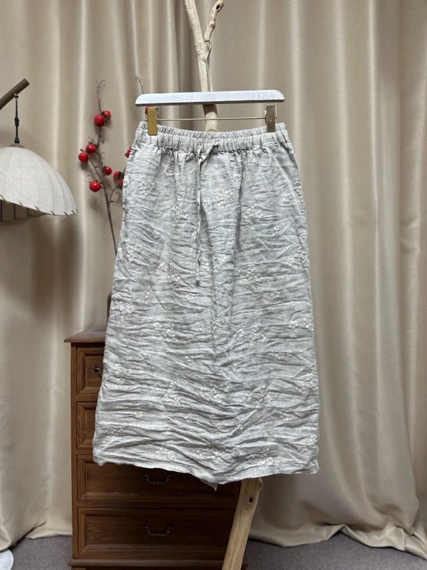 991汉麻重工双面刺绣花朵直筒半身裙带口袋（裤长85臀围120）