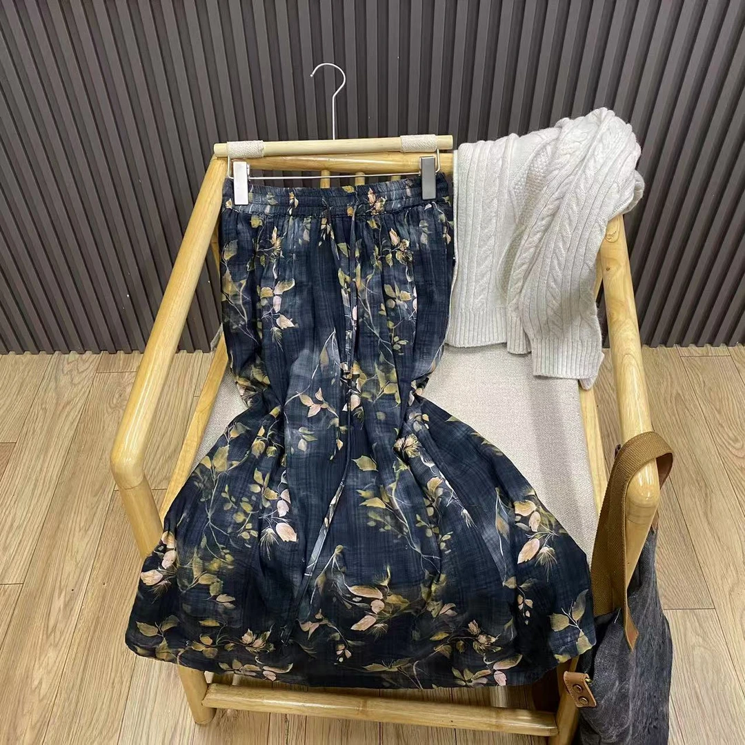 秋冬印花纯棉高腰半身裙内衬宽松百搭复古文艺中长款A字裙女Q2526