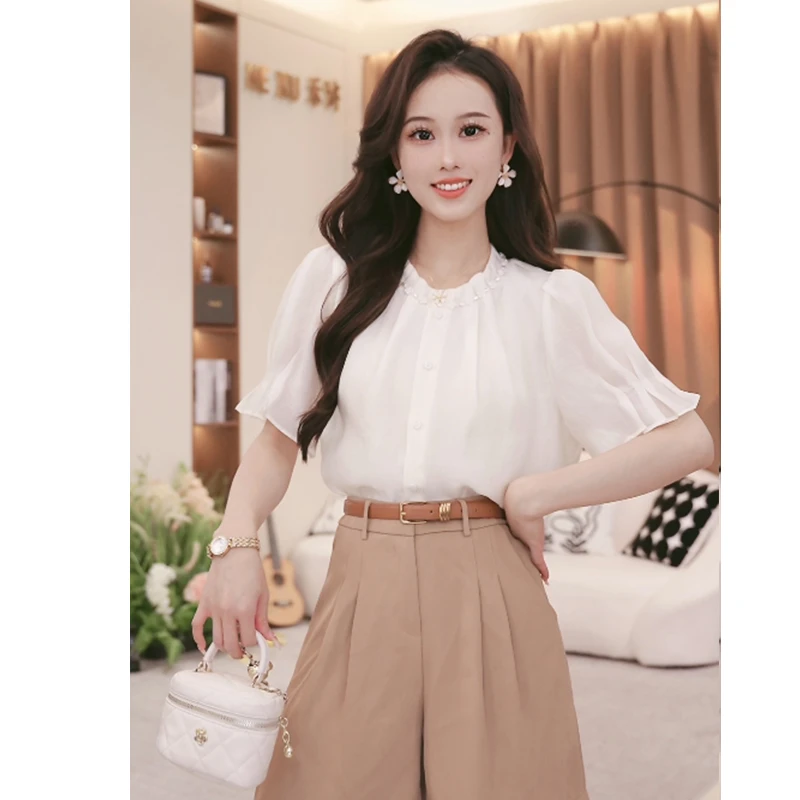 法式小香风高级感圆领短袖衬衫女2025夏季新款别致设计感小众上衣