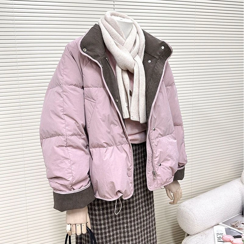 韩系立领粉色短款棉服女2025春季新款加厚保暖面包服小个子外套潮