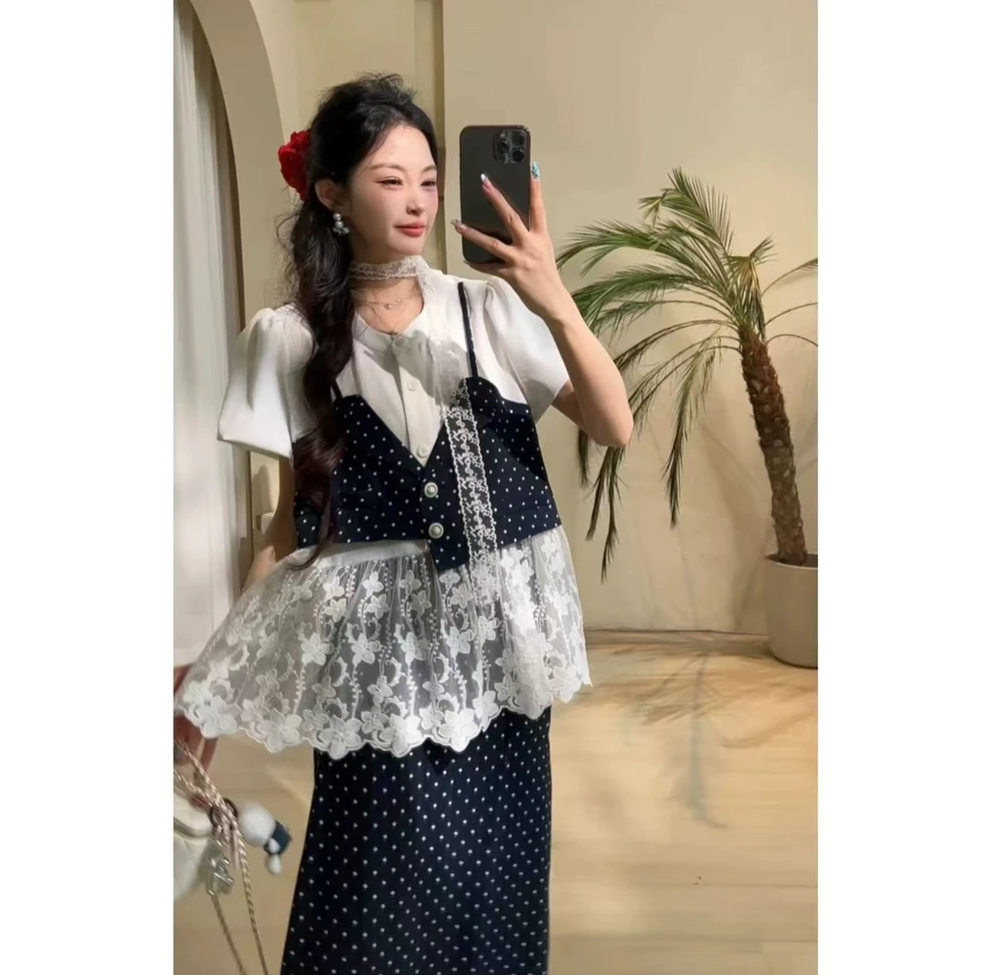 大码胖MM圆点奇迹韩版蕾丝拼接波点吊带假两件上衣套装两件套