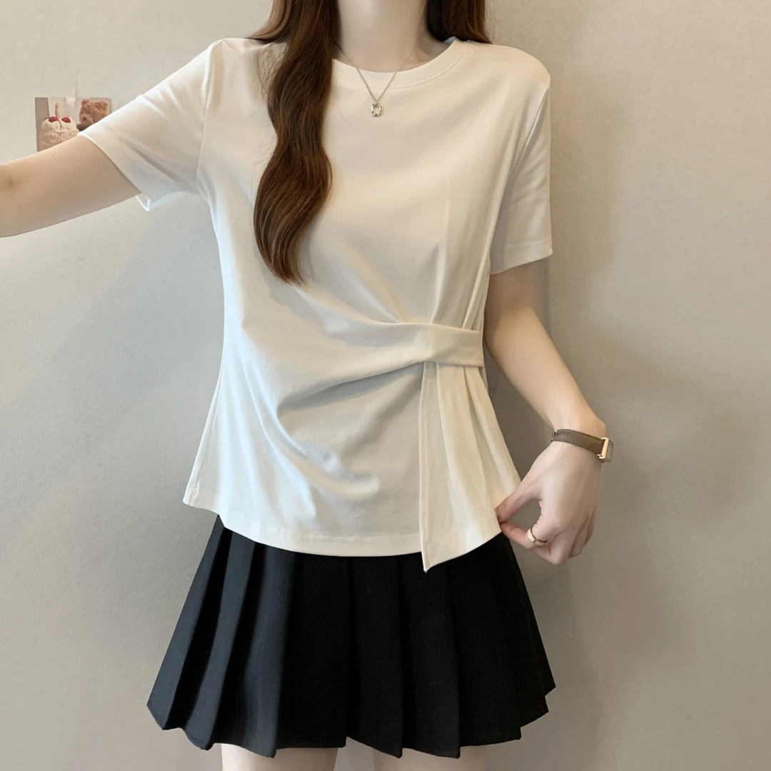 大码女装夏季胖mm韩系褶皱正肩短袖T恤女遮肉百搭不规则显瘦上衣