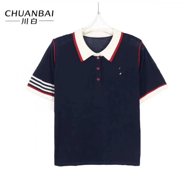 CHUANBAI 川白夏季新款polo领撞色短袖时尚轻奢百搭条纹针织衫