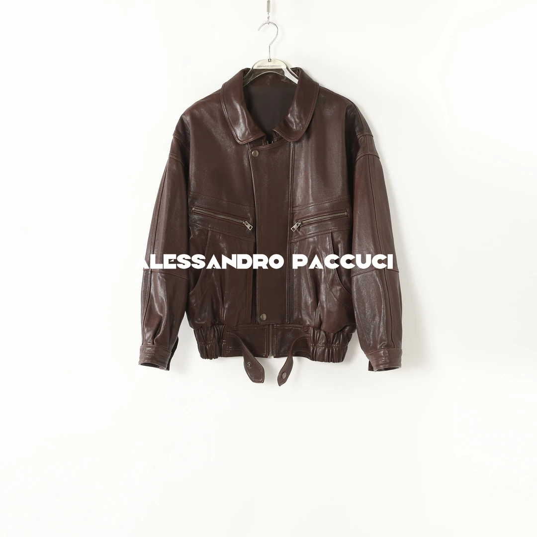 AP洛哥54038PY【黑标/限量】进口全植鞣羊皮翻领多口袋休闲复古皮衣