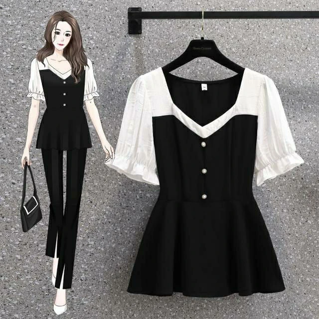 大码女夏胖mm气质显瘦雪纺衬衫上衣九分裤遮肚藏肉梨形