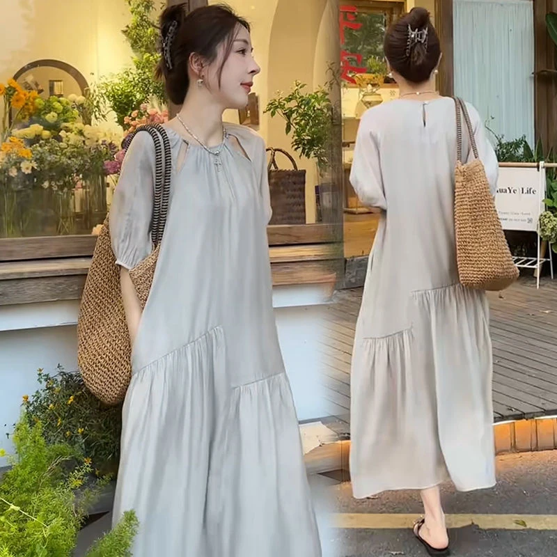 慵懒风宽松垂感短袖连衣裙女遮肉显瘦高级感气质镂空休闲圆领长裙