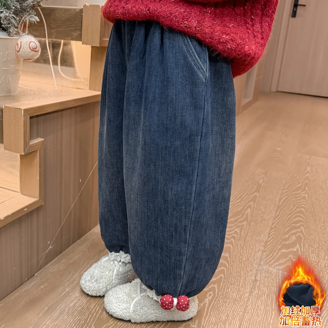女童加绒休闲裤子冬装洋气儿童女宝宝宽松韩版洋气冬季小童牛仔裤