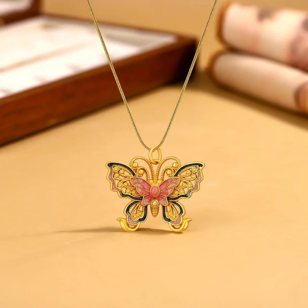 铜合金项链 古法花丝蝴蝶项链