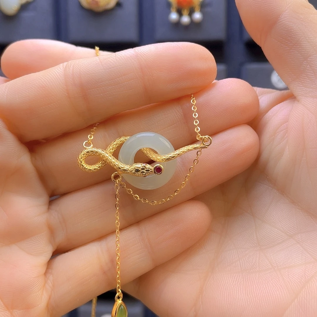 和田玉颈饰银S925镀金镶嵌