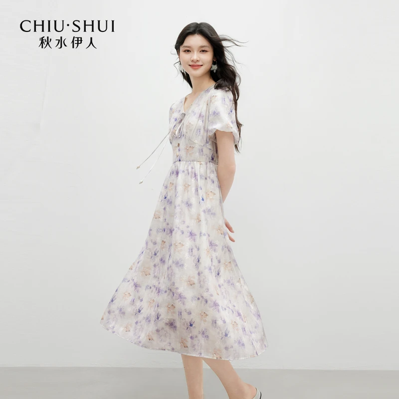 【折扣】秋水伊人通勤裙子新款v领系带连衣裙625244M020603